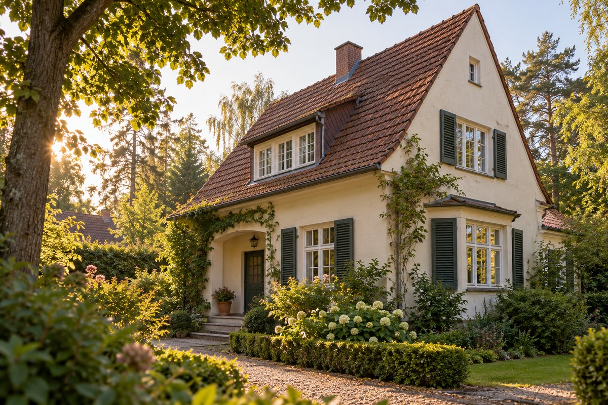 Illustratives Einfamilienhaus mit Garten; kein konkretes Verkaufsobjekt