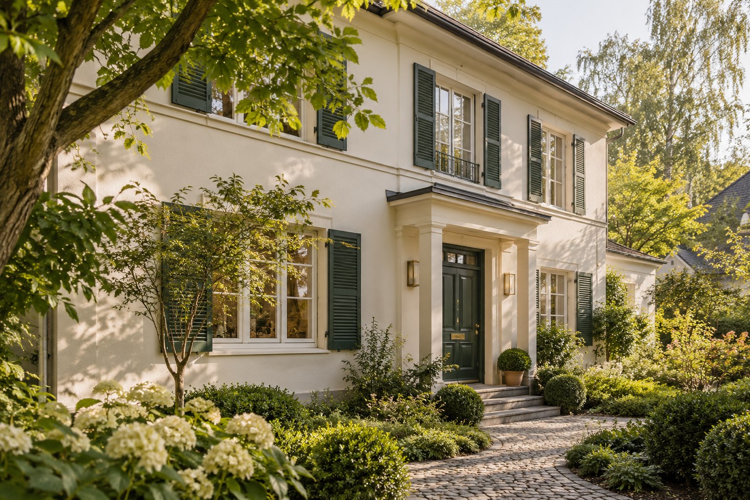 Illustratives Wohnhaus mit cremefarbener Fassade, dunkelgrünen Fensterläden und Garten