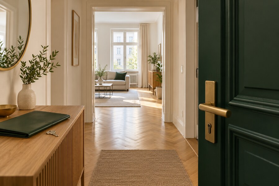 Einladender Wohnungseingang mit dunkelgrüner Tür, Messingbeschlag und hellem Flur