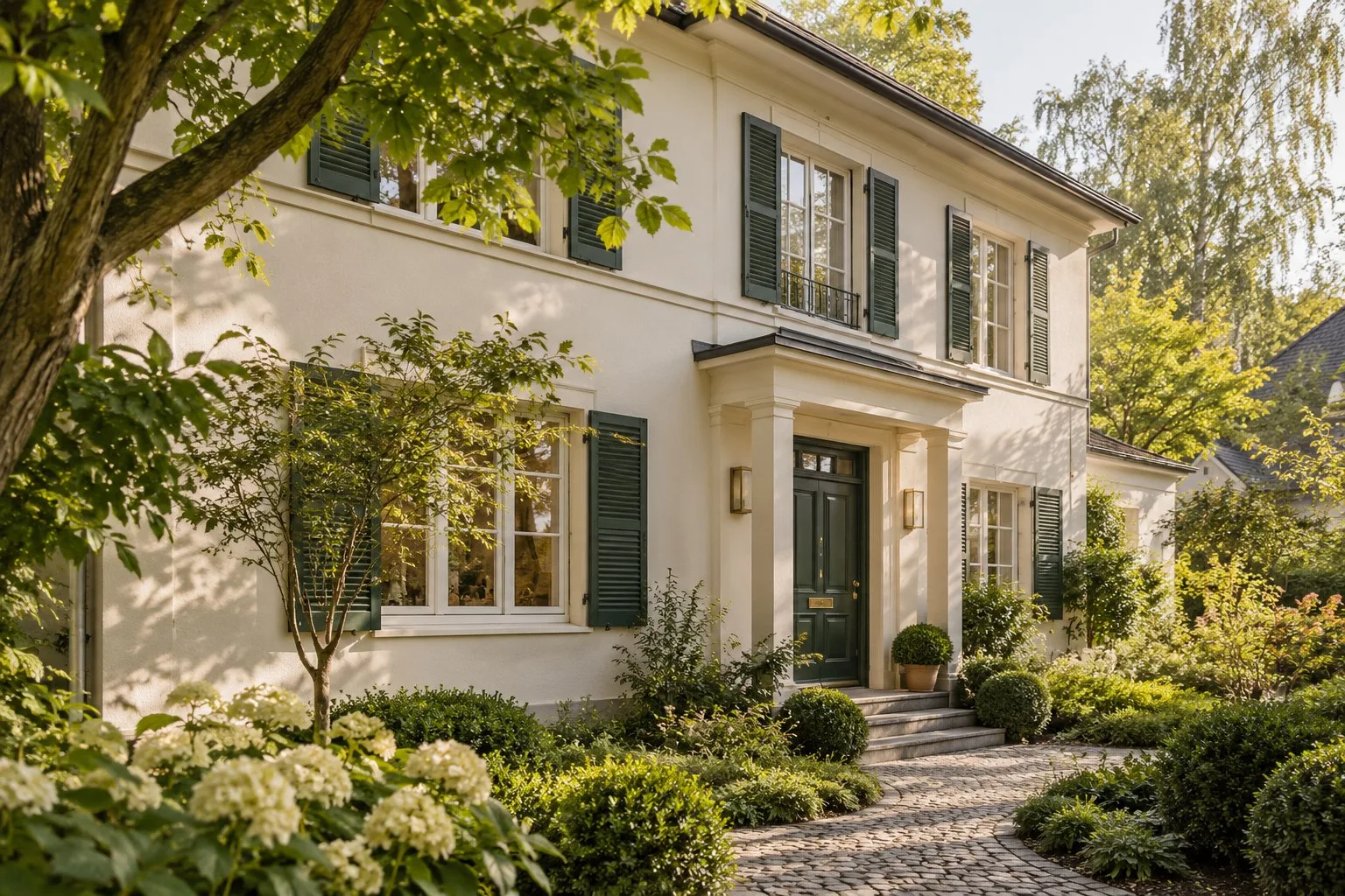Illustratives Wohnhaus mit cremefarbener Fassade, dunkelgrünen Fensterläden und Garten