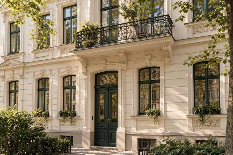 Illustrative Berliner Altbaufassade mit hellen Putzflächen, Fenstern und dunkelgrüner Eingangstür