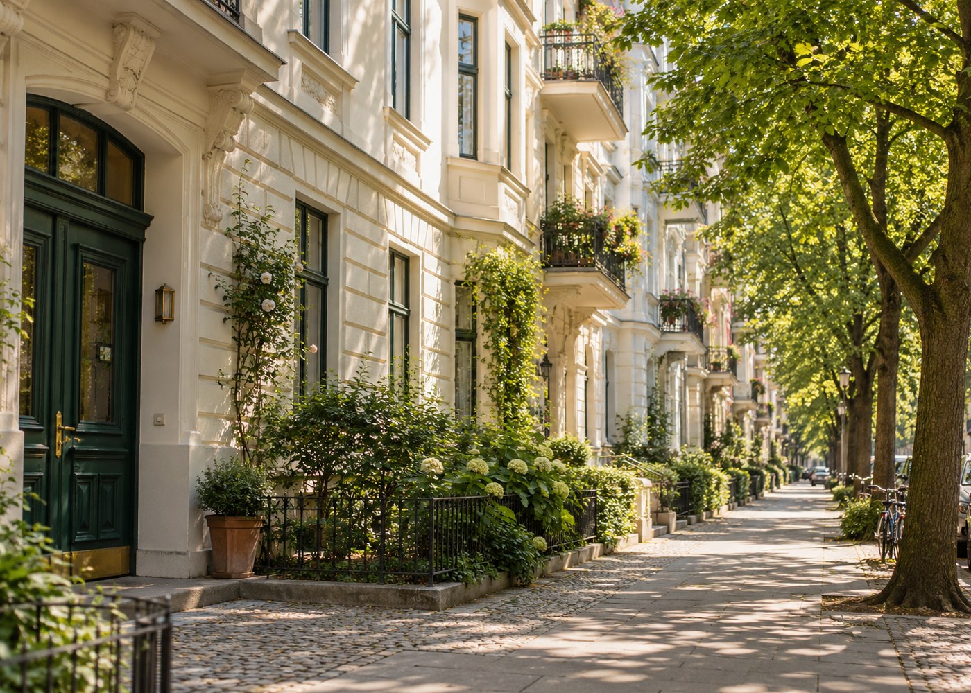 Illustrative Berliner Wohnstraße mit hellen Altbaufassaden und grünen Straßenbäumen
