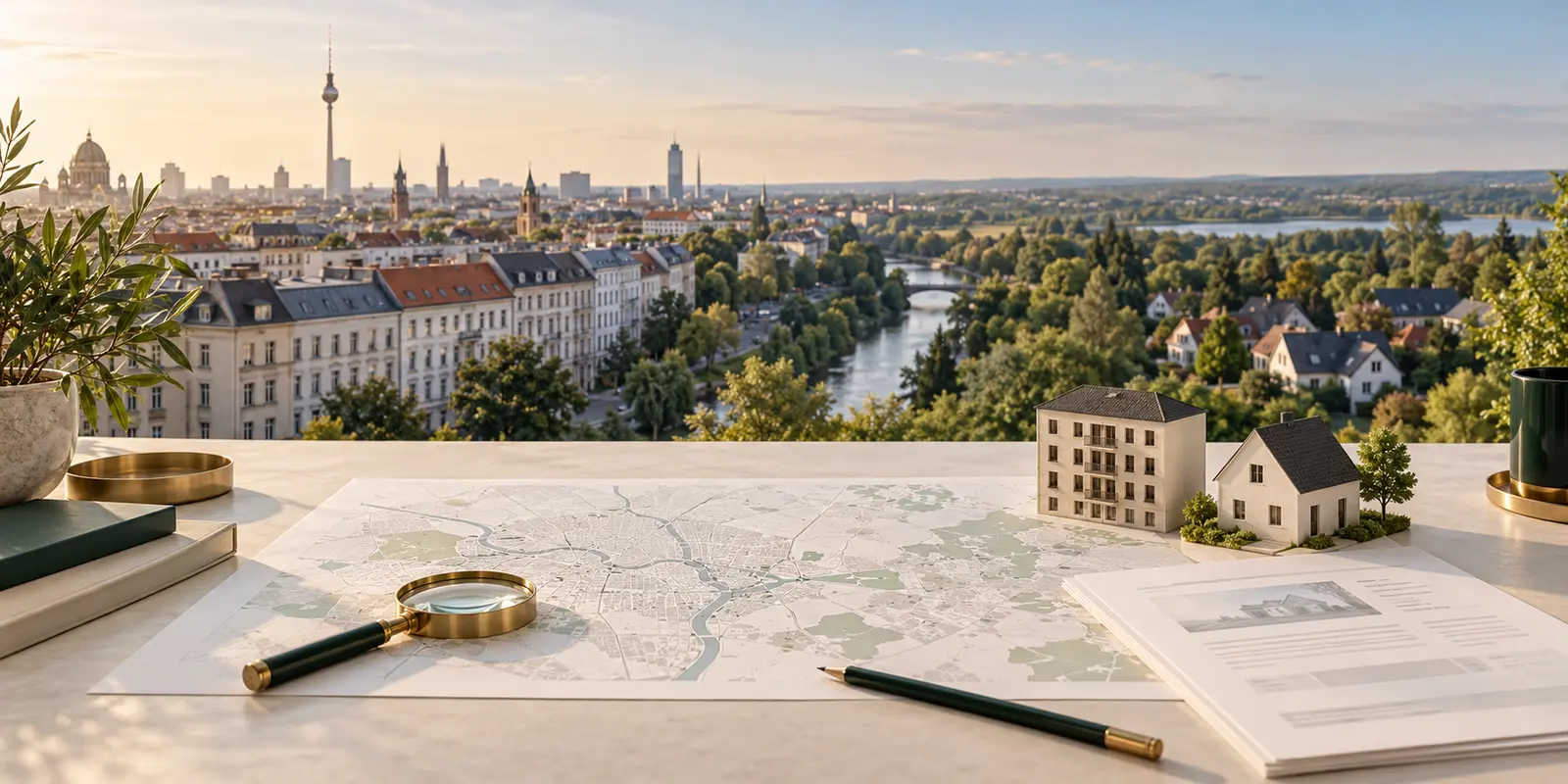 Berliner Stadthäuser und Brandenburger Eigenheime mit Karte, Lupe und zwei Hausmodellen
