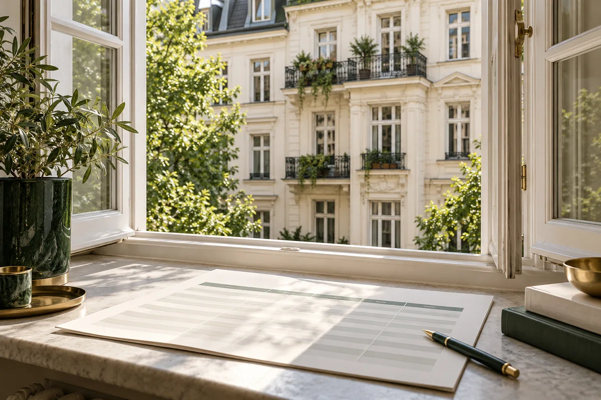 Berliner Mietshaus durch ein Fenster und Unterlagen zum Mietvergleich