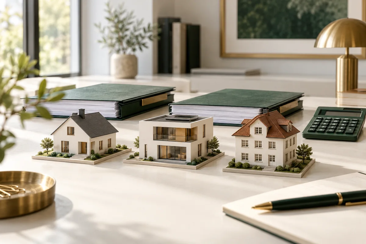 Drei verschiedene Hausmodelle mit Immobilienmappen und Rechner