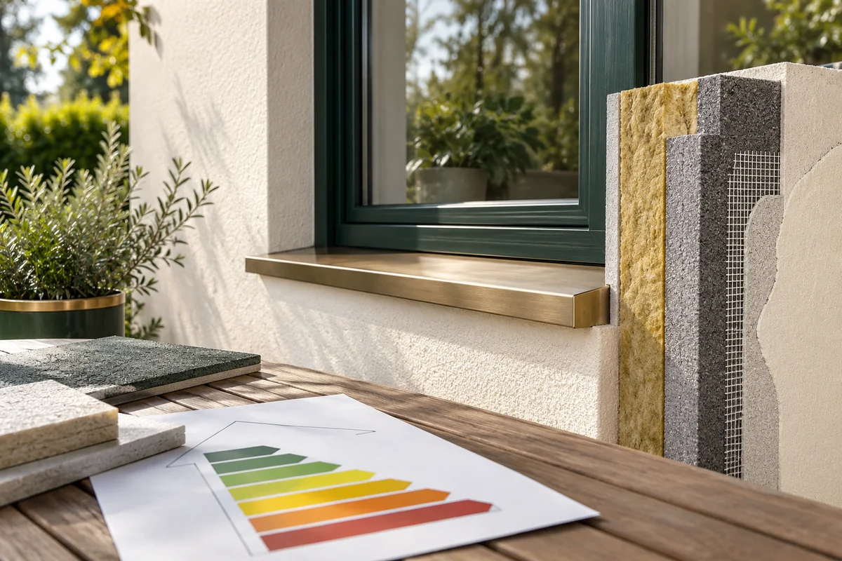 Gedämmtes Fensterdetail mit Dämmstoffprobe und Energieunterlagen