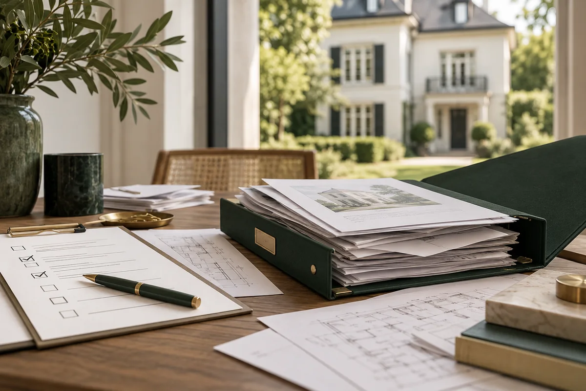 Verkaufscheckliste und geordnete Objektunterlagen vor einem Wohnhaus