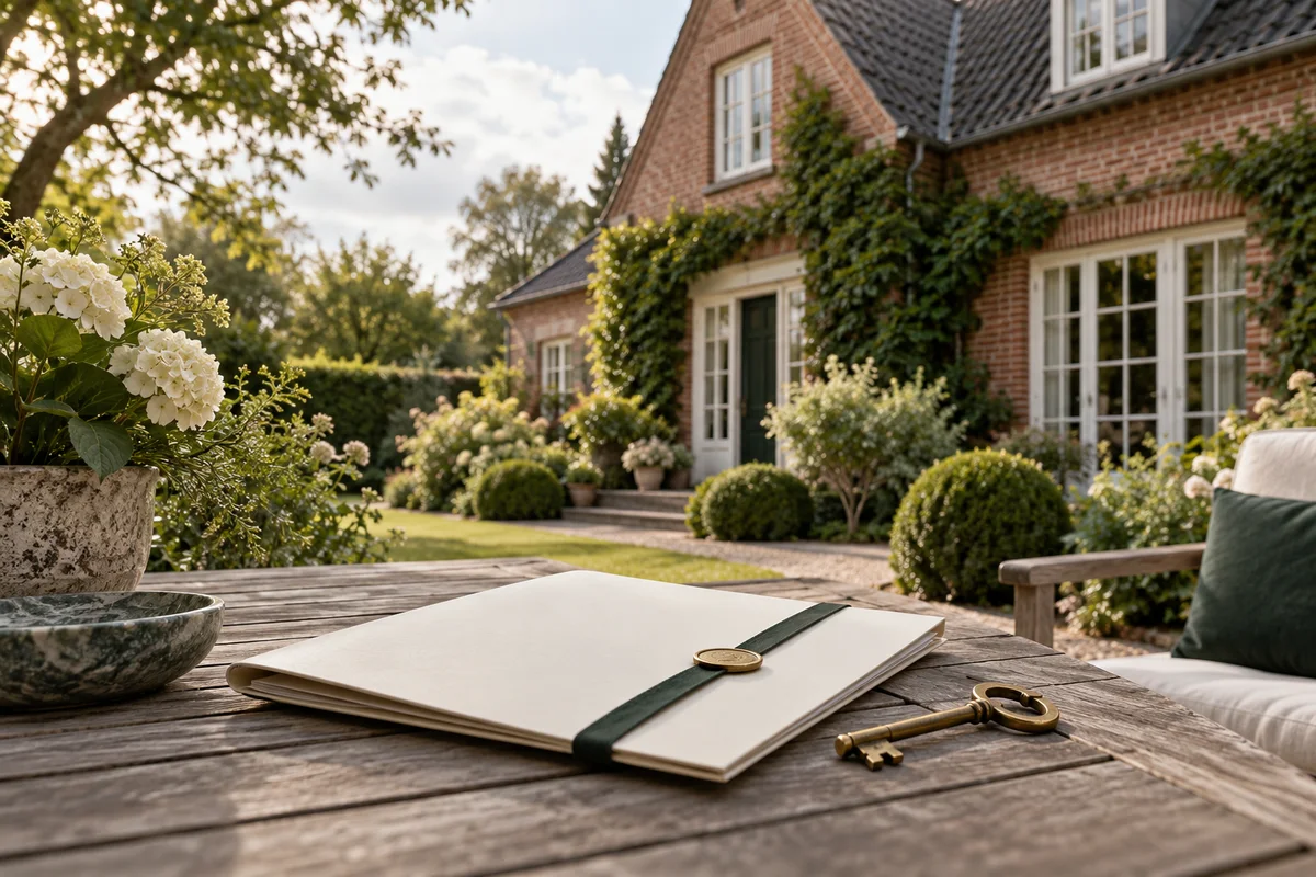Geerbtes Backsteinhaus mit Garten, Nachlassmappe und altem Hausschlüssel
