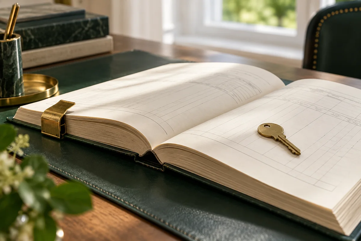 Aufgeschlagenes Grundbuch mit gegliederten Spalten und Messingklammer