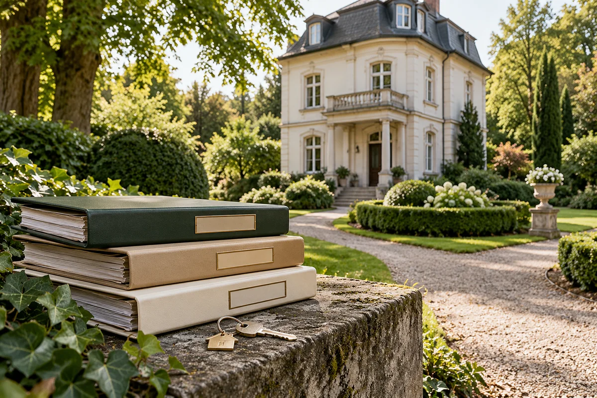 Älteres Wohnhaus am Gartenweg mit drei Planungsmappen und Hausschlüssel