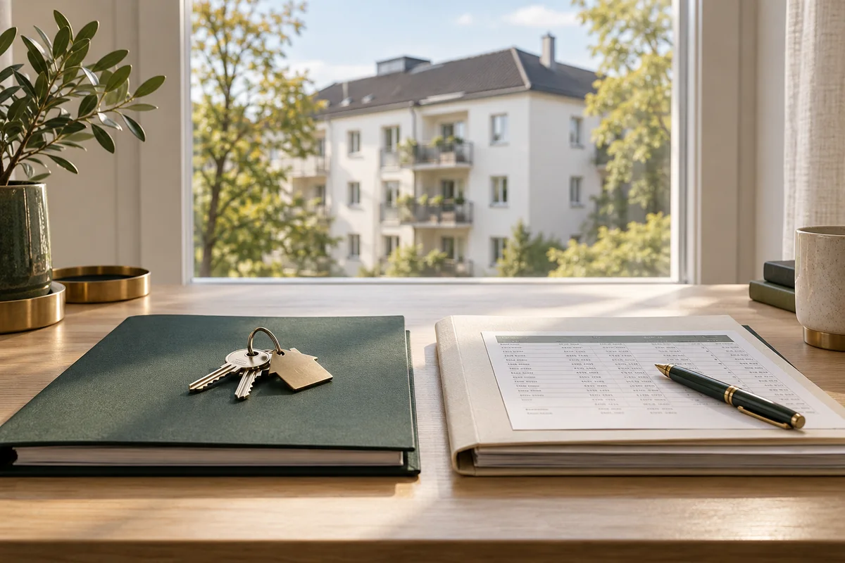 Wohnhaus am Fenster mit zwei Entscheidungsmappen für Verkauf und Vermietung