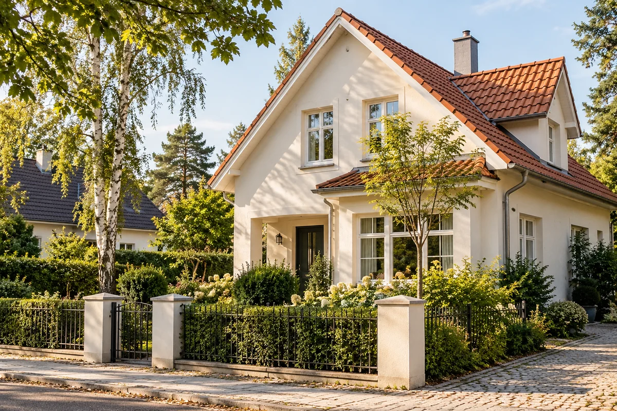 Einfamilienhaus mit Ziegeldach und Garten in einer grünen Wohnstraße