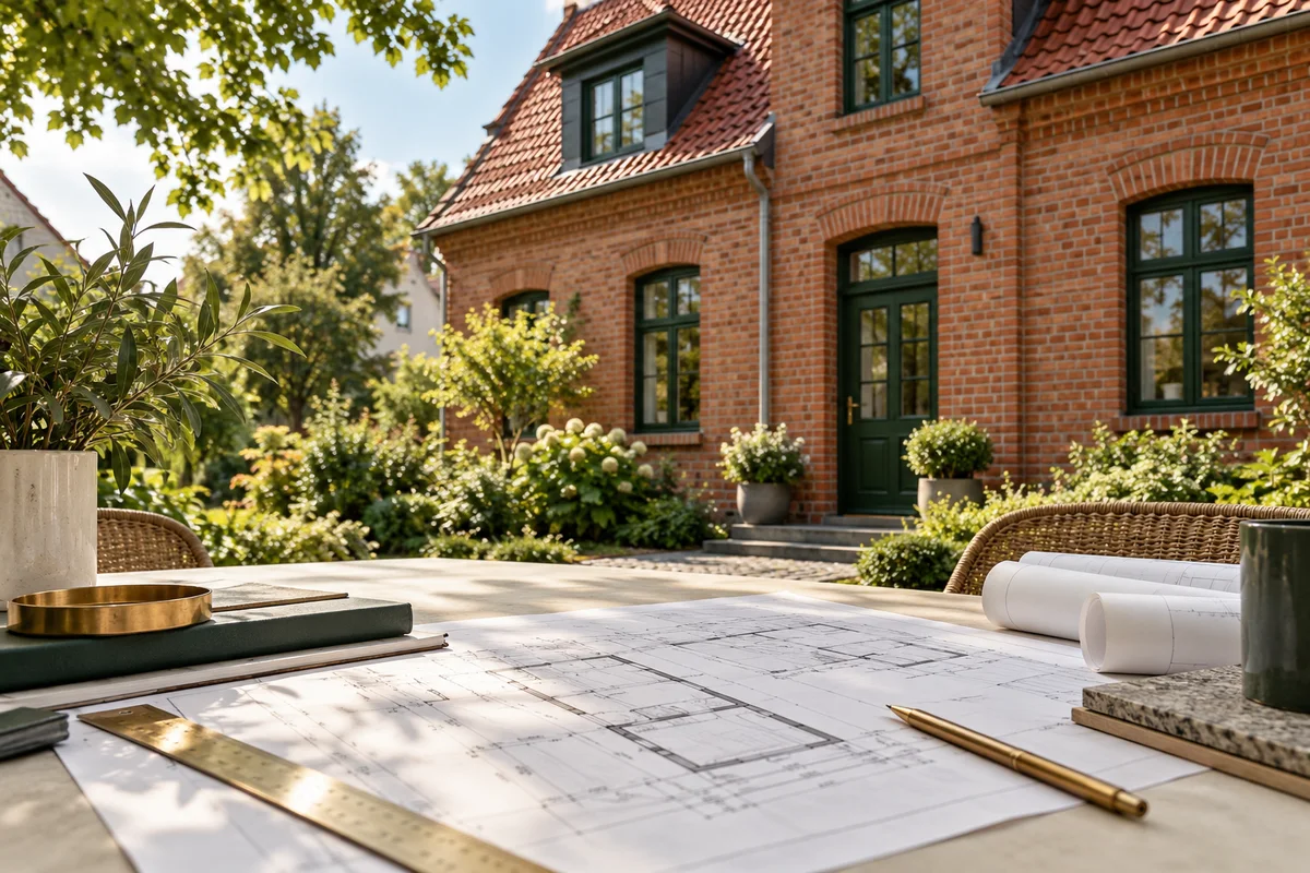 Brandenburger Wohnhaus aus Backstein mit Gebäudeplan im Vordergrund
