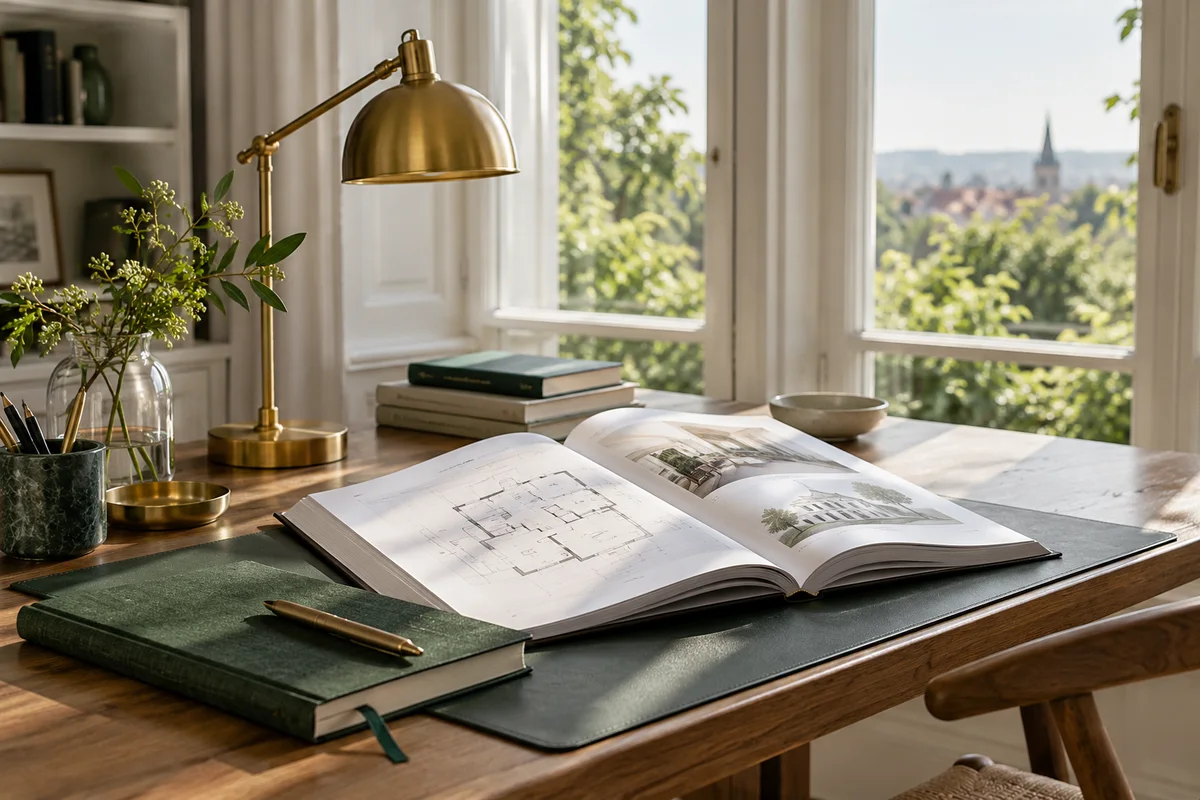 Offenes Architekturhandbuch, grünes Notizbuch und Leselampe am Fenster