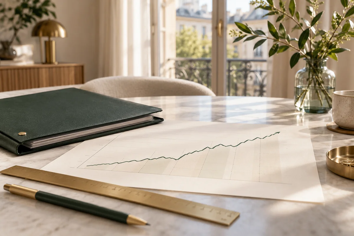 Indexkurve neben Mietvertragsmappe, Lineal und Bleistift