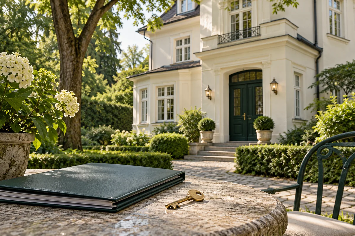 Wohnhaus im Grünen mit Schlüssel und Immobilienunterlagen auf einem Gartentisch