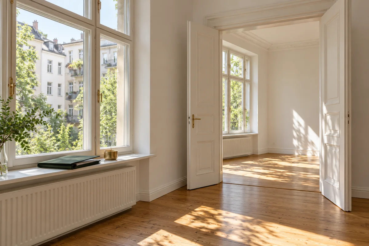 Helle Mietwohnung mit Eichenboden und Unterlagen am Fenster
