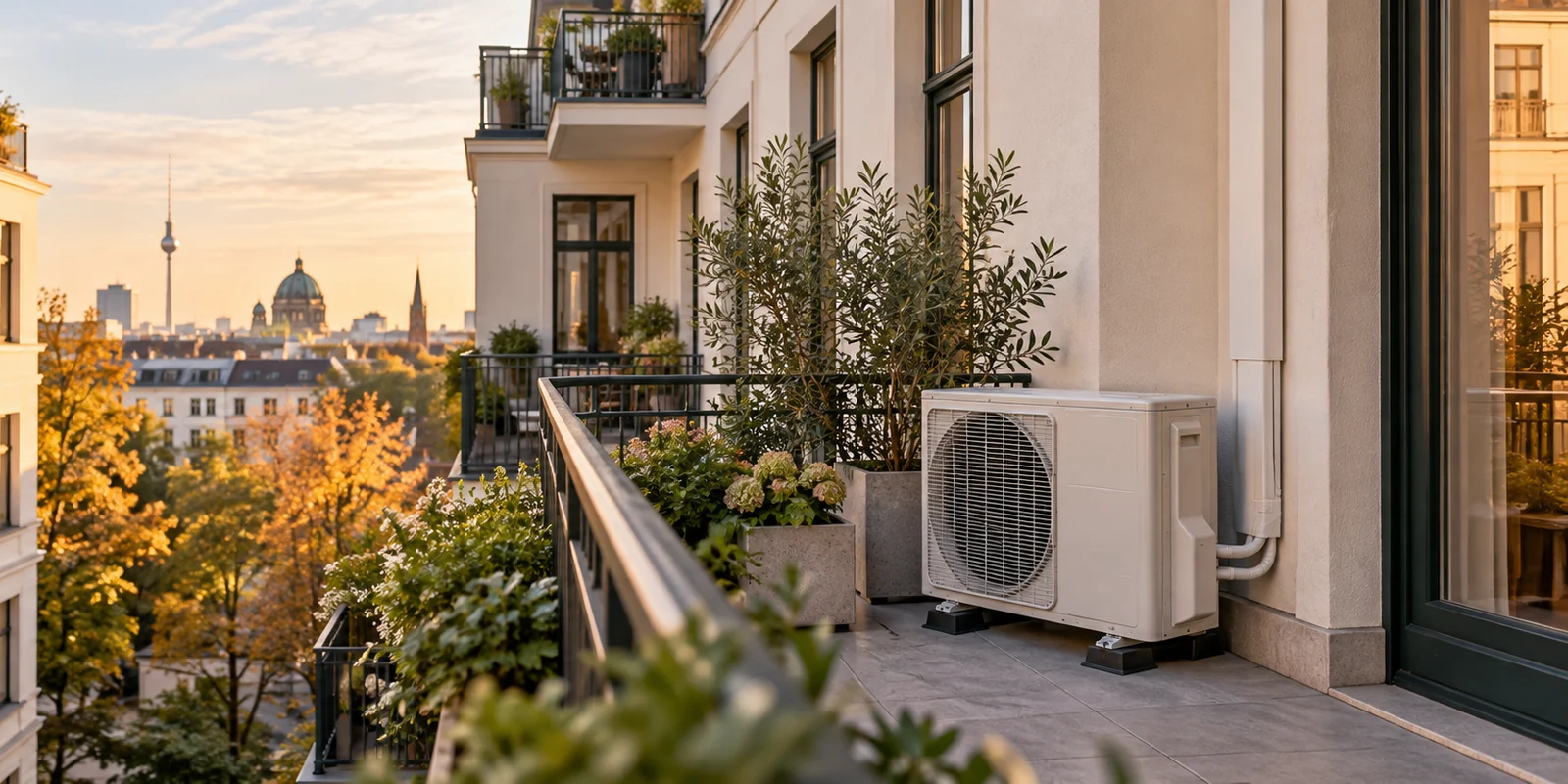Professionell montiertes Außengerät einer Split-Klimaanlage auf einem Berliner Wohnungsbalkon