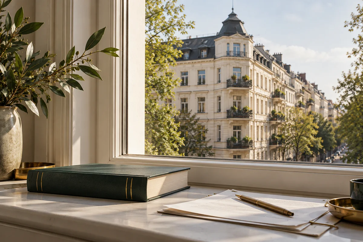 Berliner Eckhaus mit Gesetzbuch und Mietnotizen auf einer Fensterbank