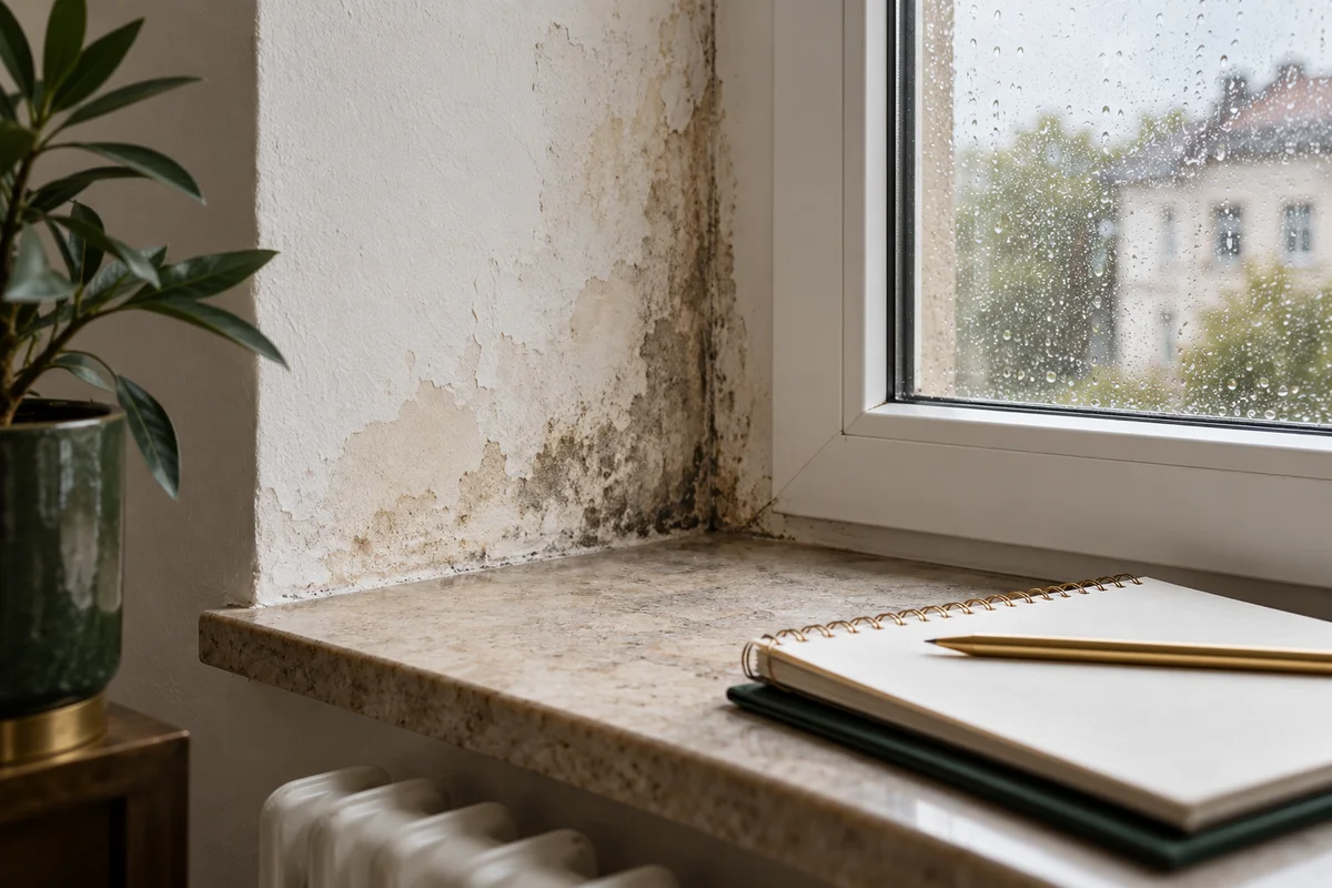 Fensterlaibung mit Feuchtigkeitsspur und daneben liegendem Prüfnotizbuch