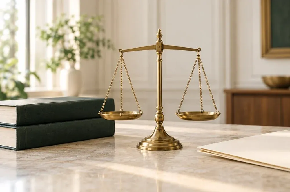 Messingwaage und Gesetzbücher in einer hellen juristischen Arbeitsumgebung