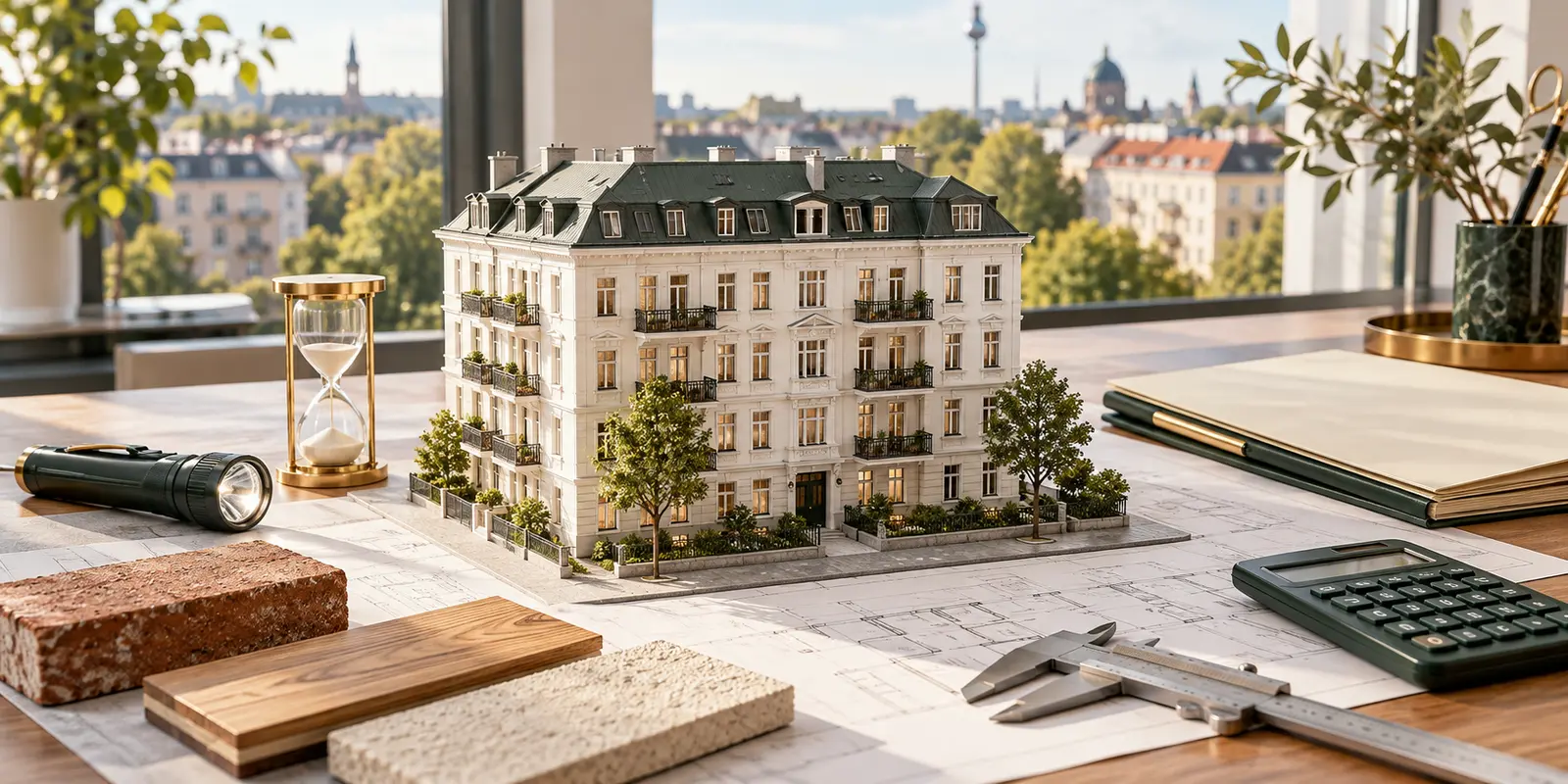 Altbau-Hausmodell auf Architekturplan mit Sanduhr, Prüfwerkzeugen und Materialmustern