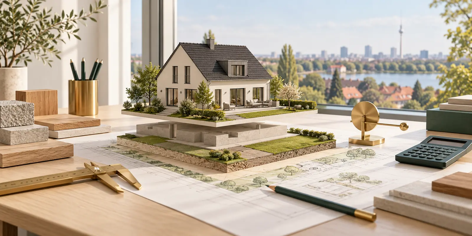 Hausmodell auf Grundstücks- und Bauplan mit Materialmustern, Messschieber und Rechner