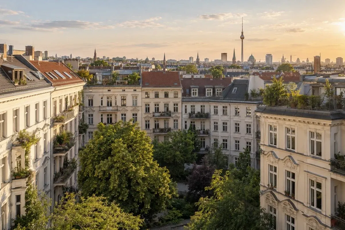 Berliner Altbauwohnungen und begrünte Höfe mit Stadtsilhouette, Foto ohne Schrift