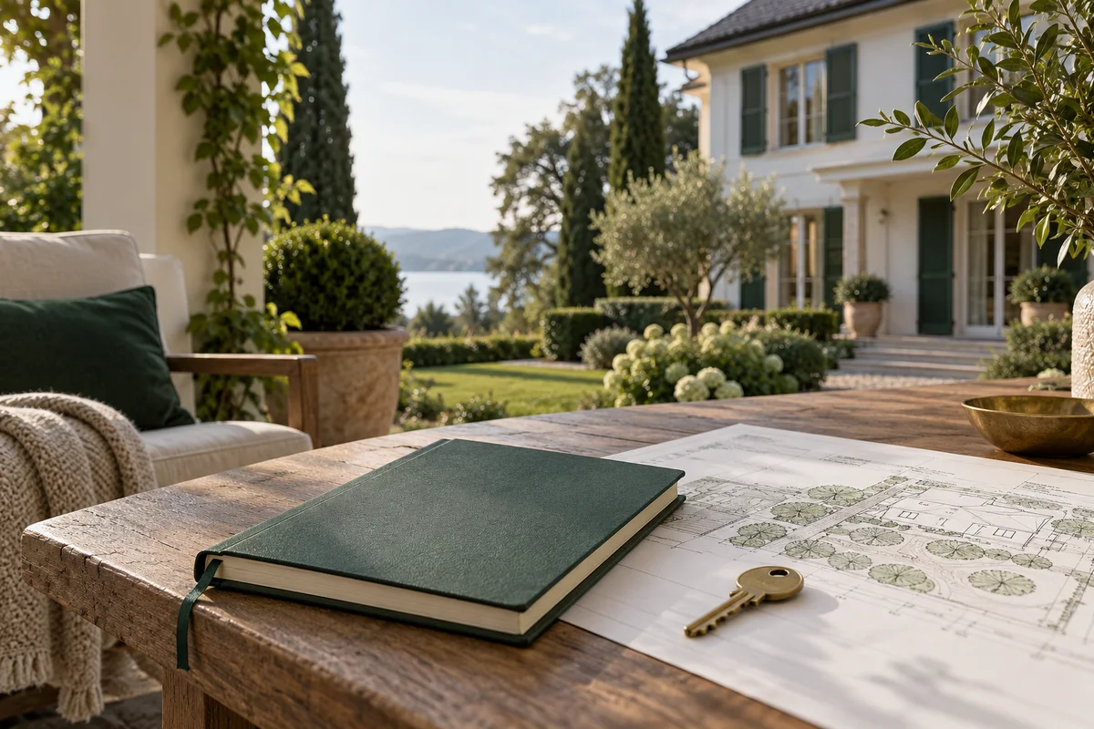 Strategienotizbuch, Lageplan und Schlüssel auf einer Veranda vor einem Wohnhaus