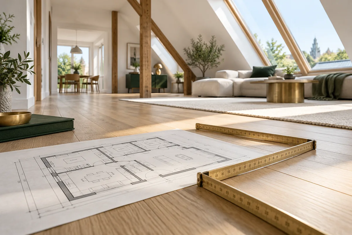 Dachgeschoss mit Dachschräge, Grundriss und ausgeklapptem Messstab